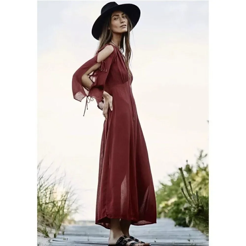 NEW FREE PEOPLE Sz XS ENDLESS SUMMER GAUZE BELL PRETTIEST THING MIDI MAXI RED